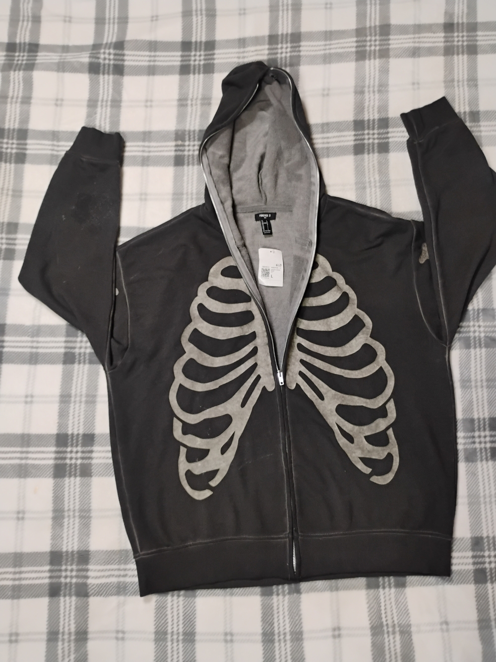 Black Men Zip-Up Hoodie with Skeleton Rib Print